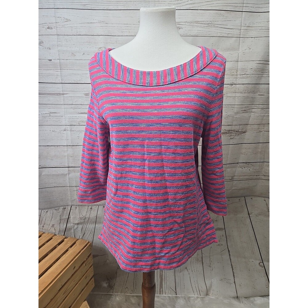 TALBOTS Blue Pink Striped 3/4 Sleeve Knit Top Petite Large Boat Neck Nautical